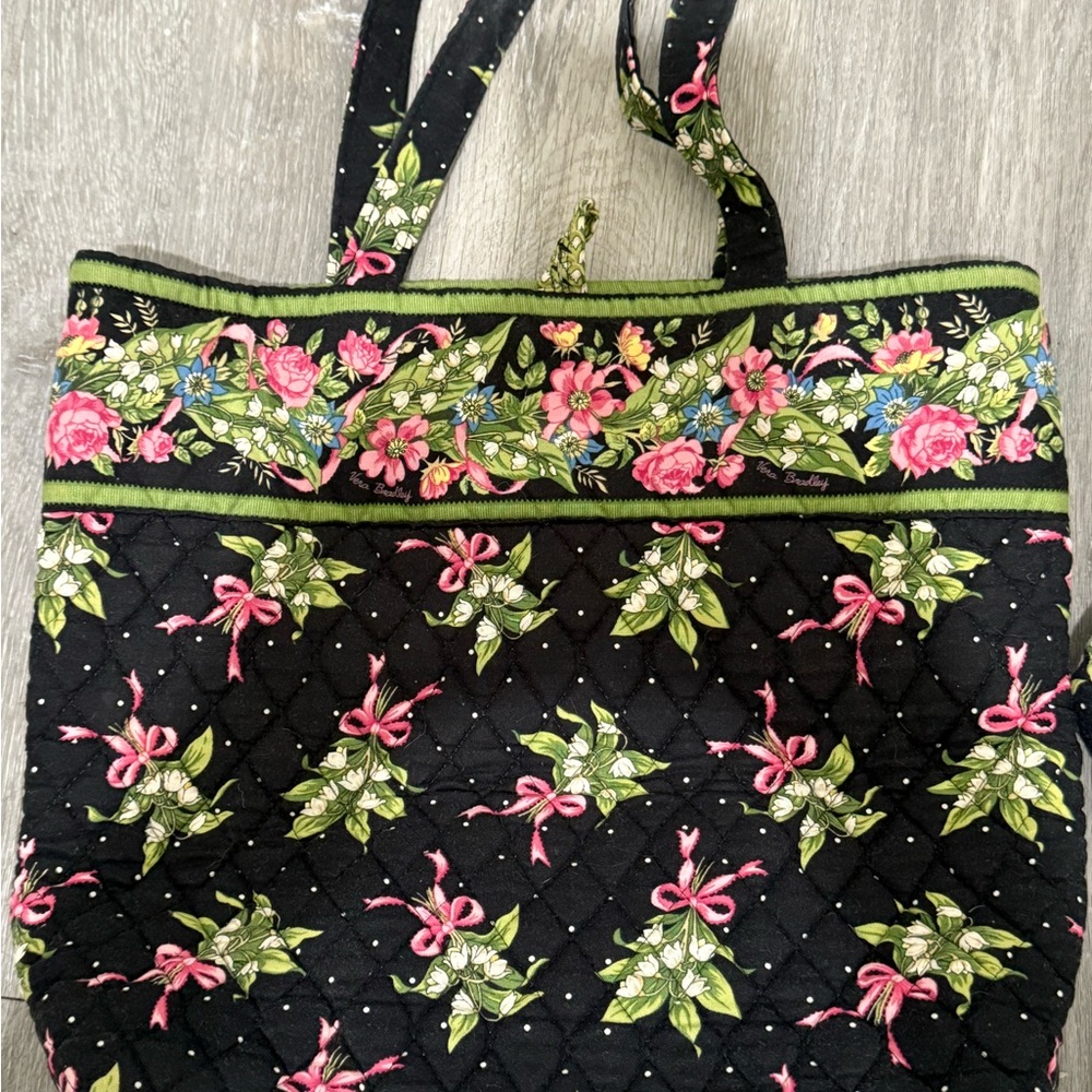 Vera Bradley Floral Black Tote Bag with Matching Pouch - Picture 2 of 4
